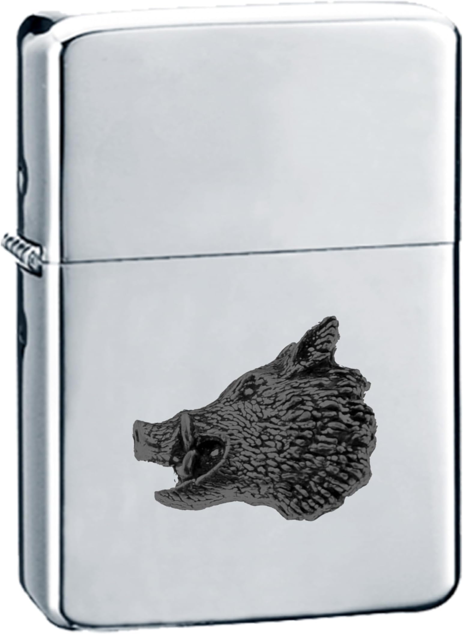 A48 Boar’s Head BLACK FINISH fine English Pewter on a chrome silver wind proof ligher flip top petrol refillable