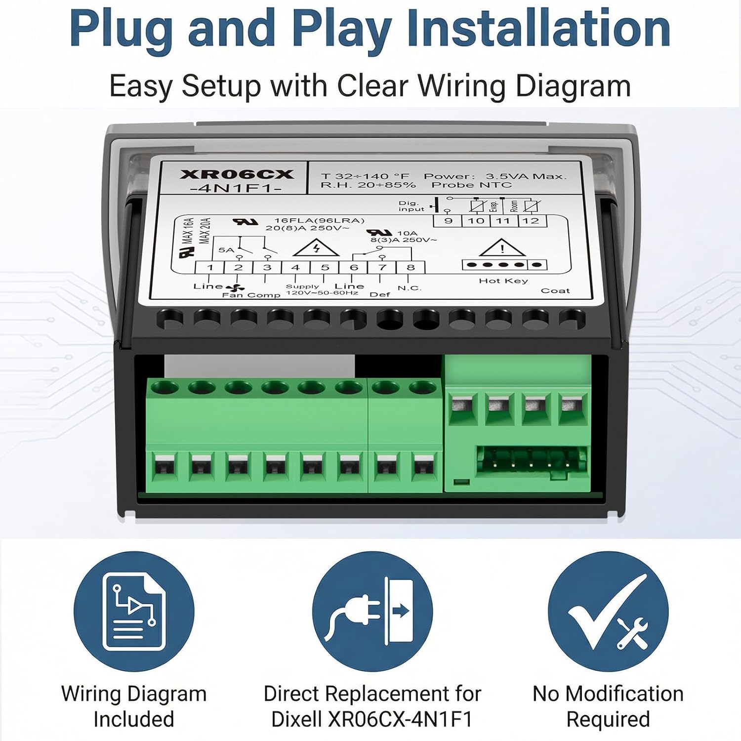 Replacement for Dixell XR06CX-4N1F1 Temperature Controller, Digital Thermostat for 120V Commercial Refrigerator & Freezer, Dual NTC Input, Compressor Fan Defrost Control