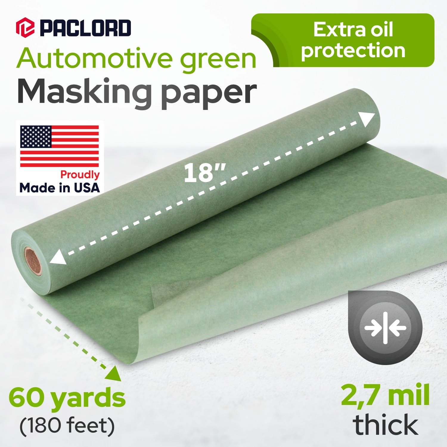 18" x 60 Yards (180 feet) Green Masking Paper with Extra Oil Protection for Automotive Painting Industries - Made in USA Masking Paper for Painting Cars, Protection from Splatter