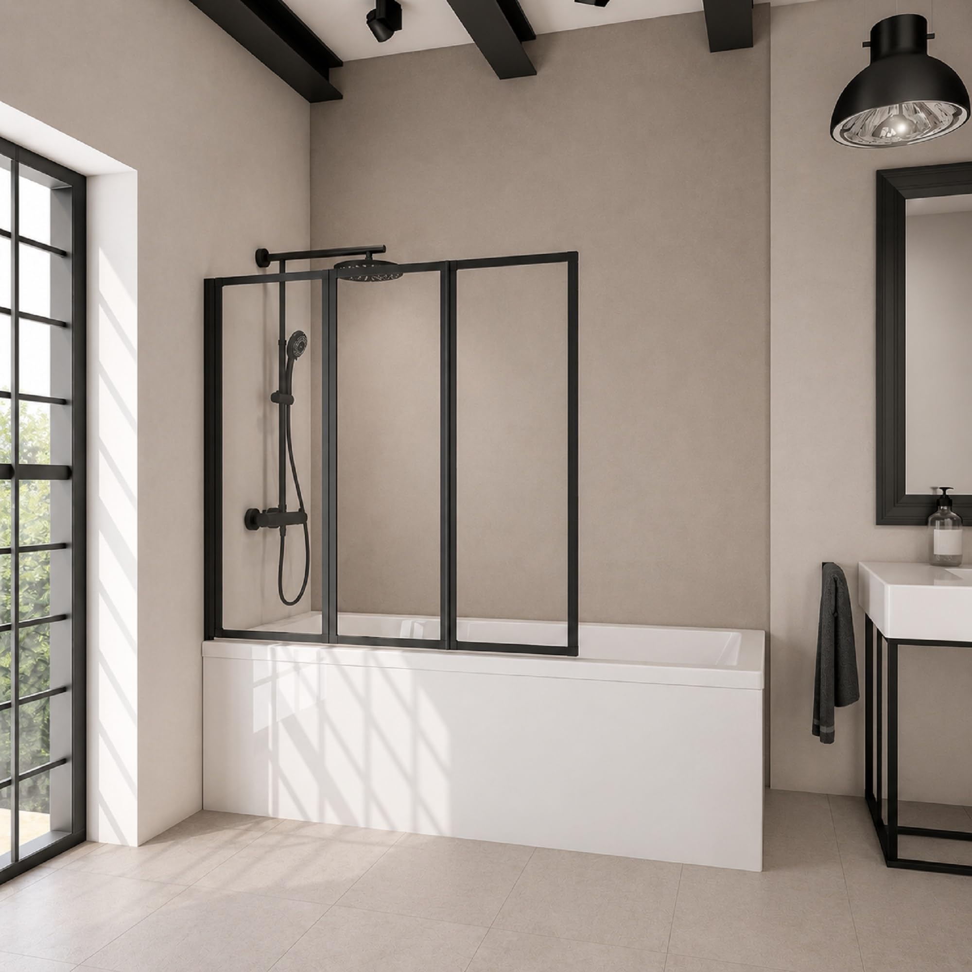 Schulte pare baignoire sans percer 127 x h.121 noir 3 volets, réversible | profilé à coller volets 47x40x40 pivotants, rabattable verre trempé 3mm
