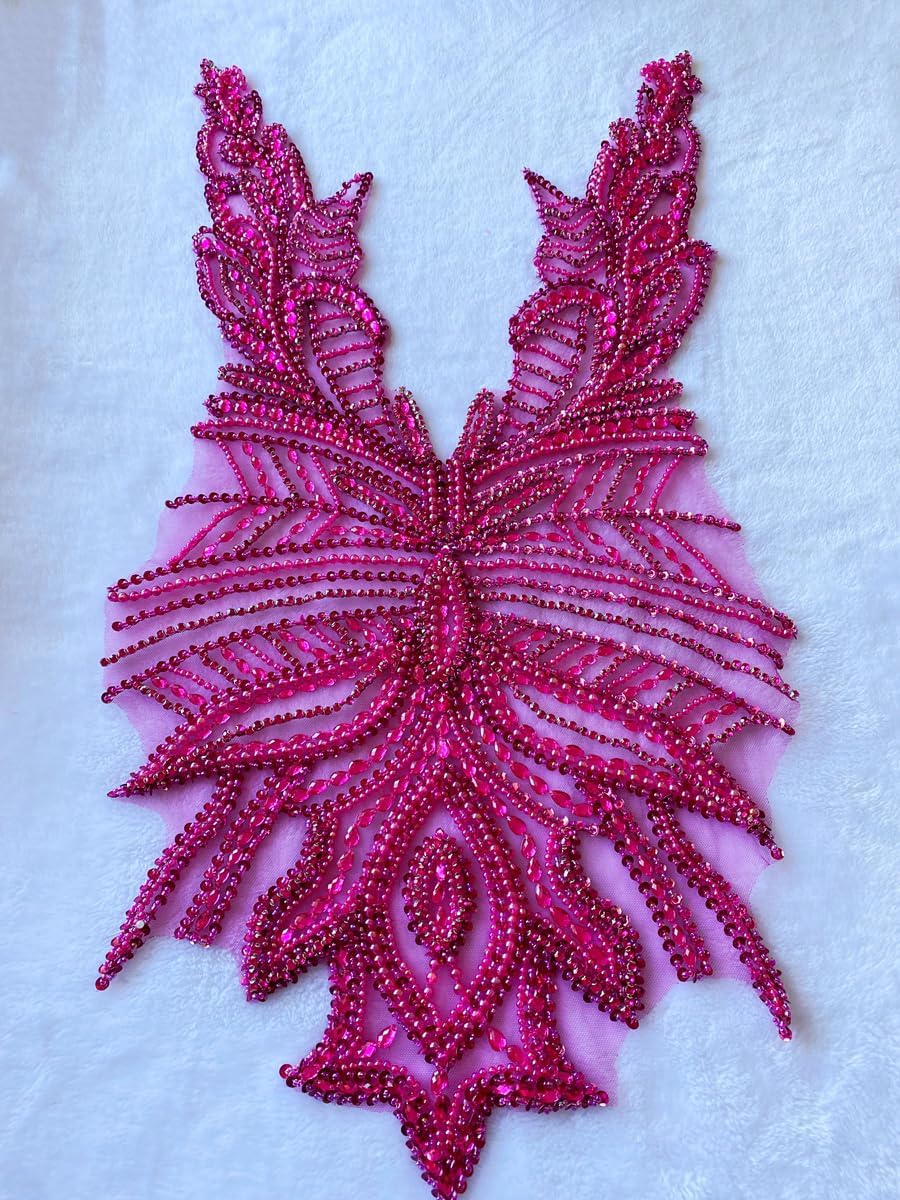 Wedding Dress Predecessor Bead Embroidery Design Patch Hand Sewing Beautiful Stones Rhinestones Applique Clothing Accessories 13.7X28.8inches (Rose red)