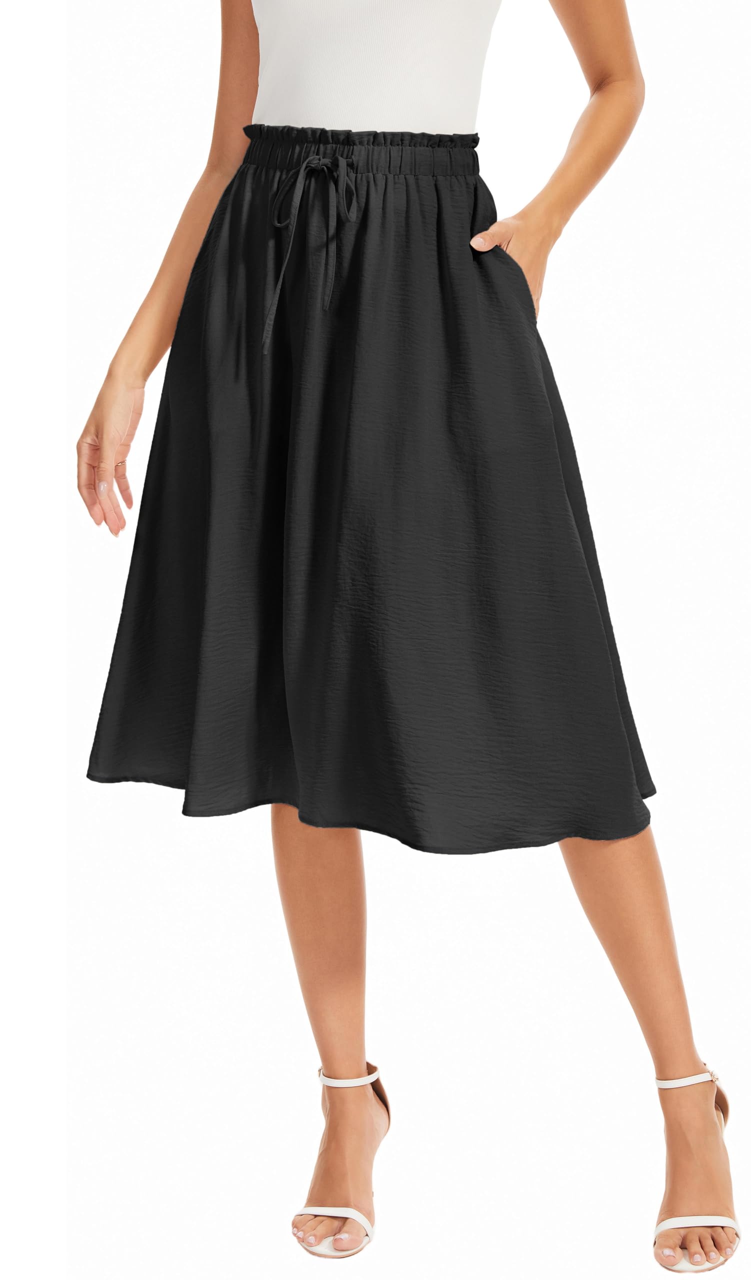 WUWUSKY Damen Rock Sommer Midi Langer Swing-Röcke Hohe Taille Skirt A-Linie Midiskirt Elegant Röcke mit Taschen mit Taschen