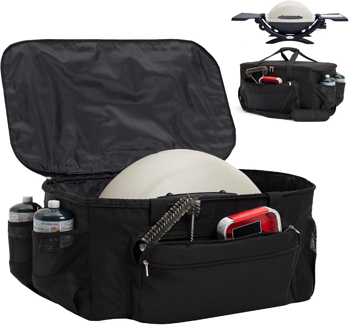 Bolsa de transporte para parrilla de propano Weber Q1200/Q1400/Q1000, acolchada, solo bolsa | Totalmente forrado con espuma de PE, 6 bolsillos, tela a prueba de desgarros, correa ajustable, resistente a la intemperie, estuche portátil para barbacoa