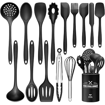 Wildone 15 Piece Silicone Kitchen Utensils Set, Heat Resistant, Dishwasher Safe, Non-Stick (Black)