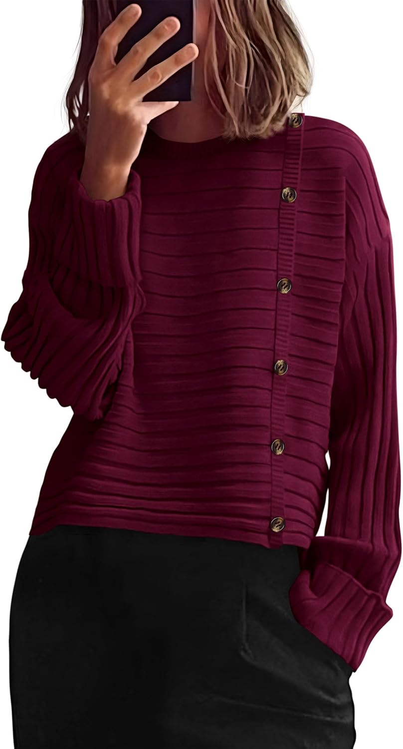 PRETTYGARDEN Womens Sweaters Fall 2026 Casual Long Sleeve Crewneck Button Loose Winter Knit Pullover Sweater Tops