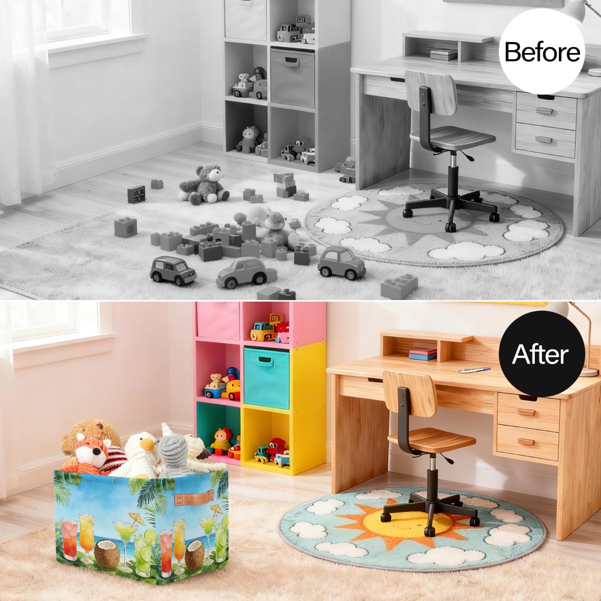 Sommer-Cocktail-Aufbewahrungskorb aus Kokosnuss, rechteckig, mit Ledergriffen, faltbarer Stoff-Aufbewahrungskorb für Schrank, Badezimmer, Wohnzimmer, Büro, Spielzeug, Organizer, Wäschekorb, 2