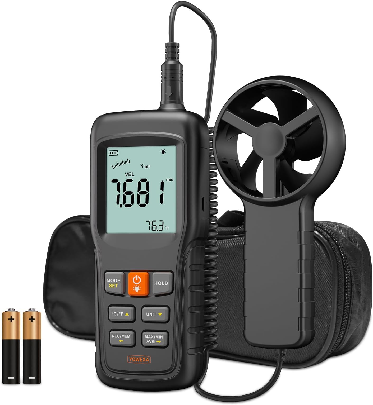 5-in-1 Split Anemometer for Wind Flow, Speed, Temp, Level, Windchill, YOWEXA Air Flow Meter with Big Backlit Screen, Wind Meter Supports Data Storage, Tripod Socket for HVAC Drone Sailing Hunting
