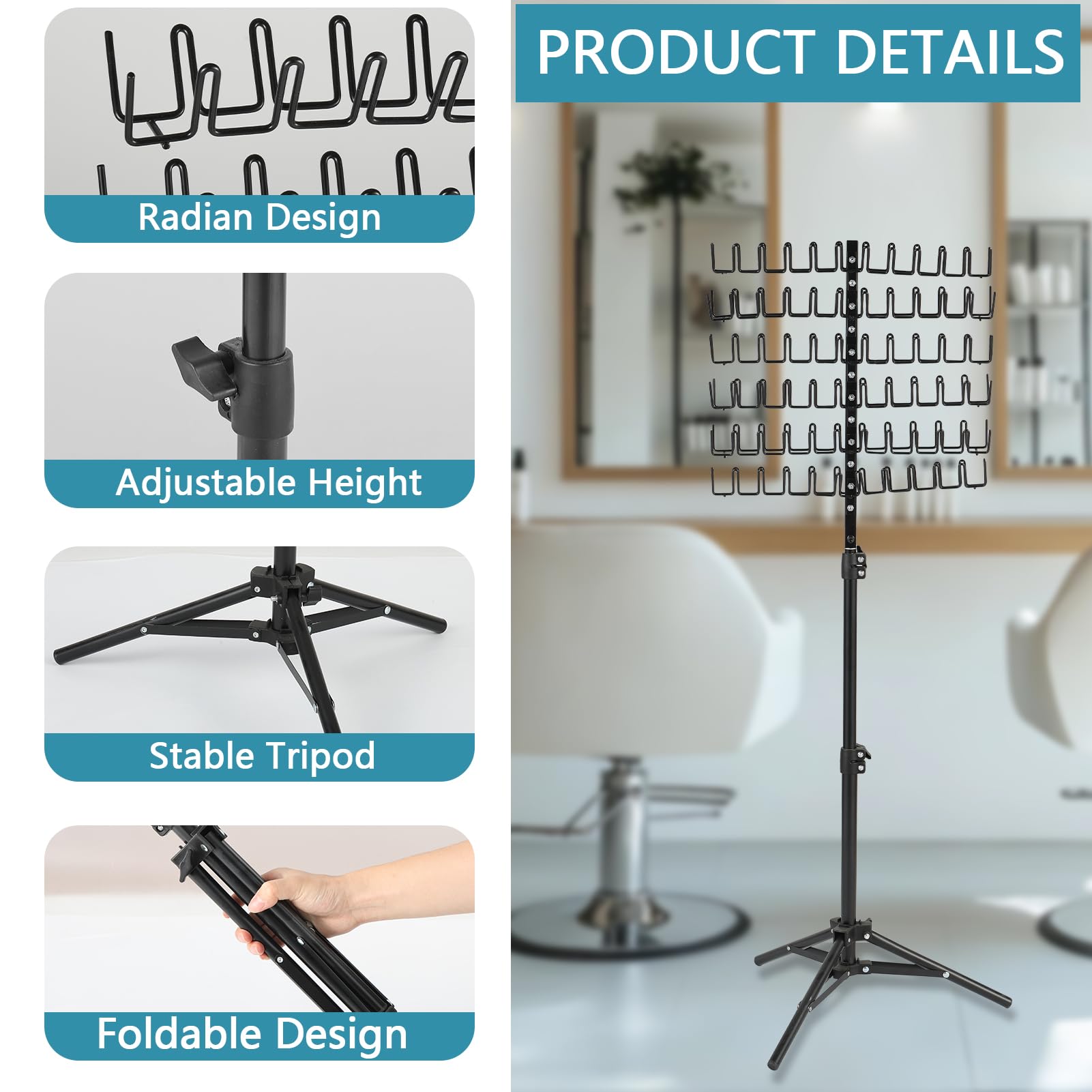 144 Pegs Braiding Hair Rack Standing Extension Holder Hanger Height Adjustable Braiding Hairs Stand for Hair Braiding Rack with Stylist Hair Braiding Tools for Stylists Black - Image 3
