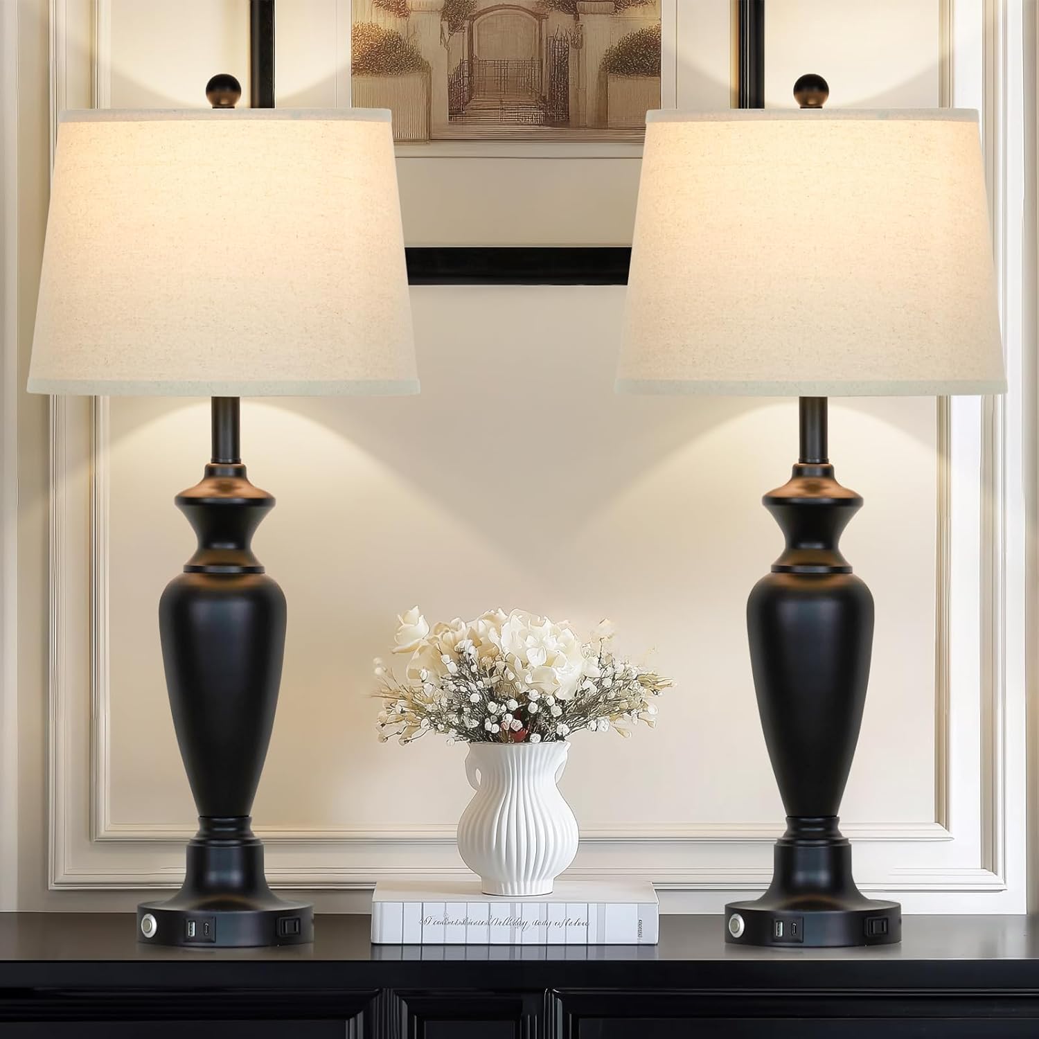 30" Tall Table Lamps Set of 2, Touch Control Bedside Lamp with USB A+C Ports and AC Outlet, 3-Way Dimmable Modern Metal Nightstand Lamp for Bedroom Living Room, 2 LED Bulbs Included, Black