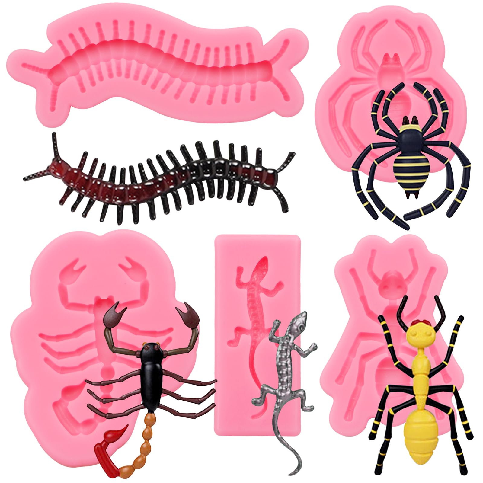 Insect Chocolate Molds, Scorpion Ant Spider Silicone Molds, Gecko Centipede Insect Prank Fondant Baking Molds for Cake Decoration Cupcake Topper Candy Sugar Craft Gum Paste Clay Resin, Set of 5