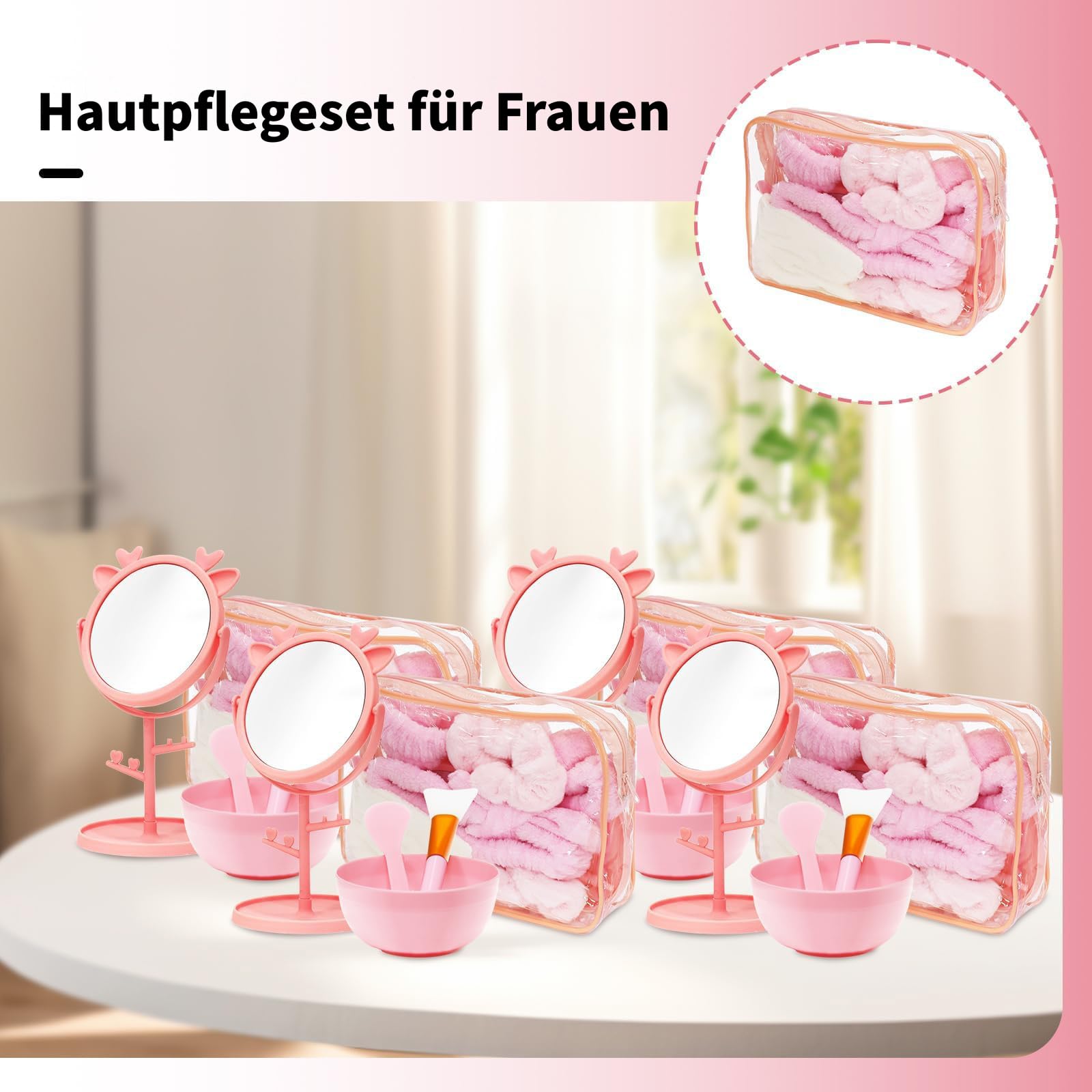48 Stück Spa Party Set für Mädchen – Rosa Sleepover Zubehör mit Stirnbändern, Spiegeln, Kosmetiktaschen, Haargummis, Schüsseln, Pinseln, Spateln, Handtüchern – Mitgebsel für Kindergeburtstag