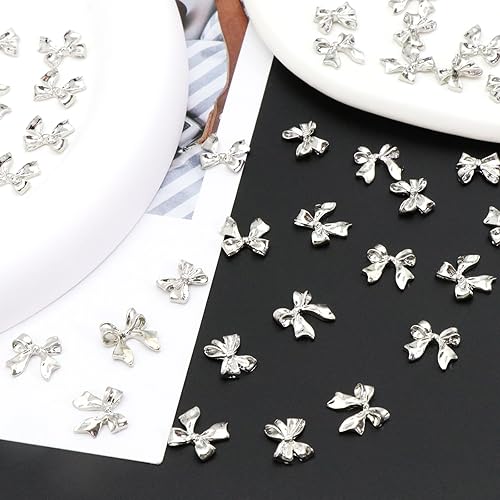 Miniatura 7 de YAEISM 50 dijes de uñas de lazo plateado 3D para uñas, 2 estilos de cinta de aleación, adornos de lazo para uñas, diamantes de imitación para arte