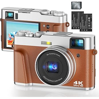 Digital Camera 4K 48MP Autofocus Photo Camera with Optical Viewfinder Vlogging Digital Camera with 32G SD Card 16X Zoom 2 Batteries Camera Compact Camera for Beginners Adults Teenagers Brown
