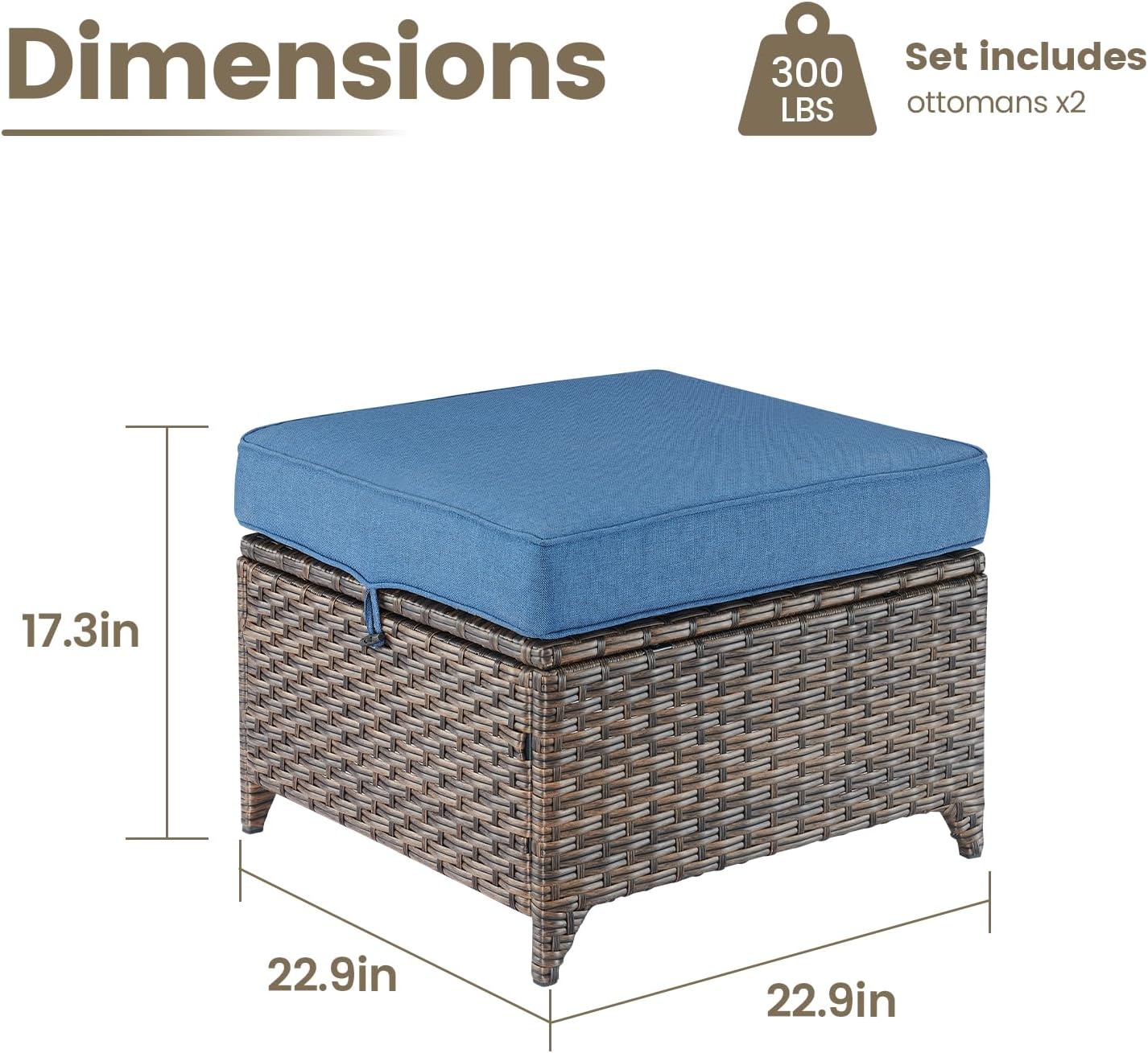 Outdoor Wicker Ottomans Rattan Footrests - Heavy Duty Outside Resin Rattan Lawn Footstools for Front Porch Balcony Backyard Yard Deck Apartment – Brown/Blue