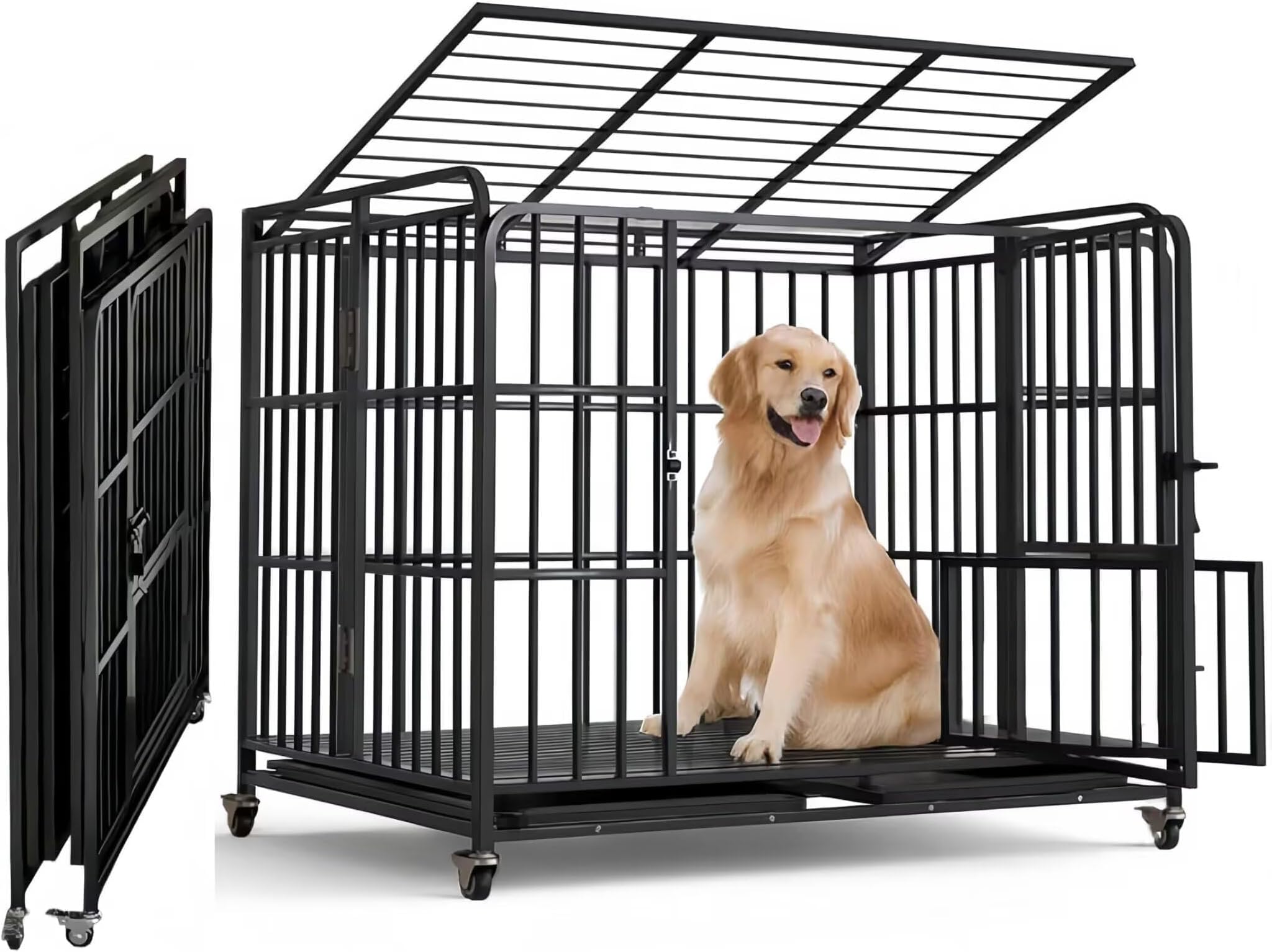 犬のケージ ペットケージ 大型 犬用クレート 幅125.9*奥行き95*高さ110cm 折りたたみ可能 キャスター付き 移動しやすい 引き出し式トレー 掃除簡単 適用中型 大型犬 脱走防止 ペット用品 室内室外用 日本語説明書付き(黒)