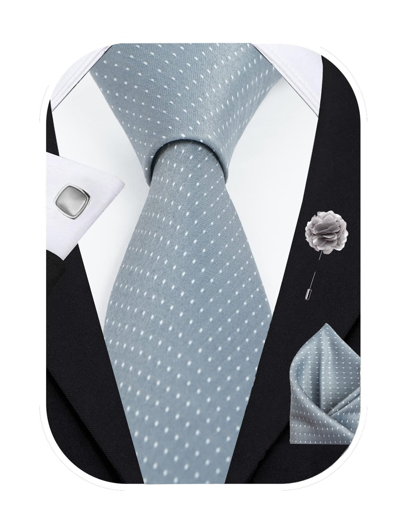 RIZORO Tie for Men – Dotted Silk Neck Ties Set with Cufflinks Flower Pin, Pocket Square & Black Gift Box, Combo Necktie Sets for Office Wear, Formal Suits & Weddings (Grey, D1GYRX) 1
