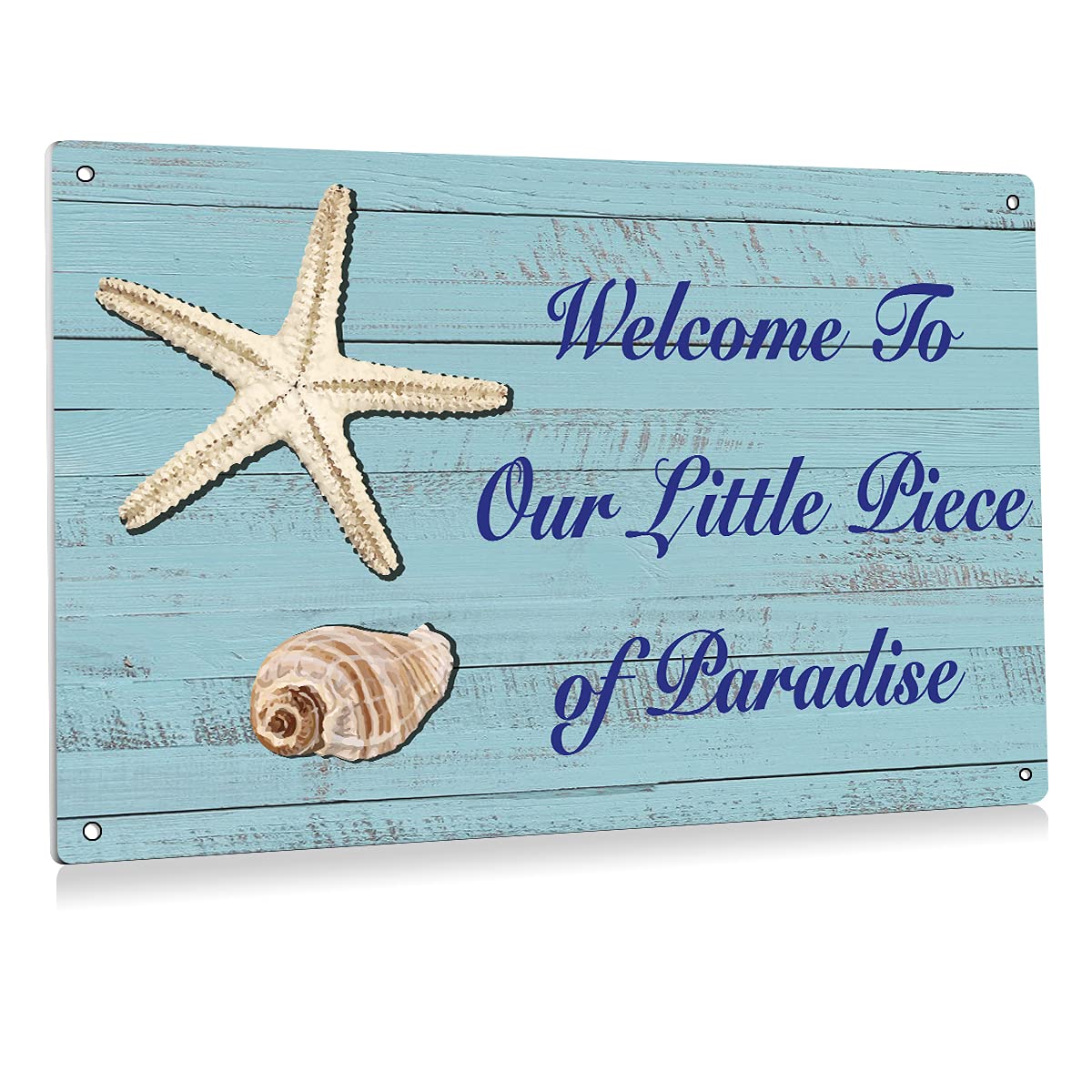 peiyeety 8 * 12inches Funny Welcome to Our Little Piece of Paradise Beach Metal Tin Sign Wall Art Decor Rustic Beach Seashell Sign