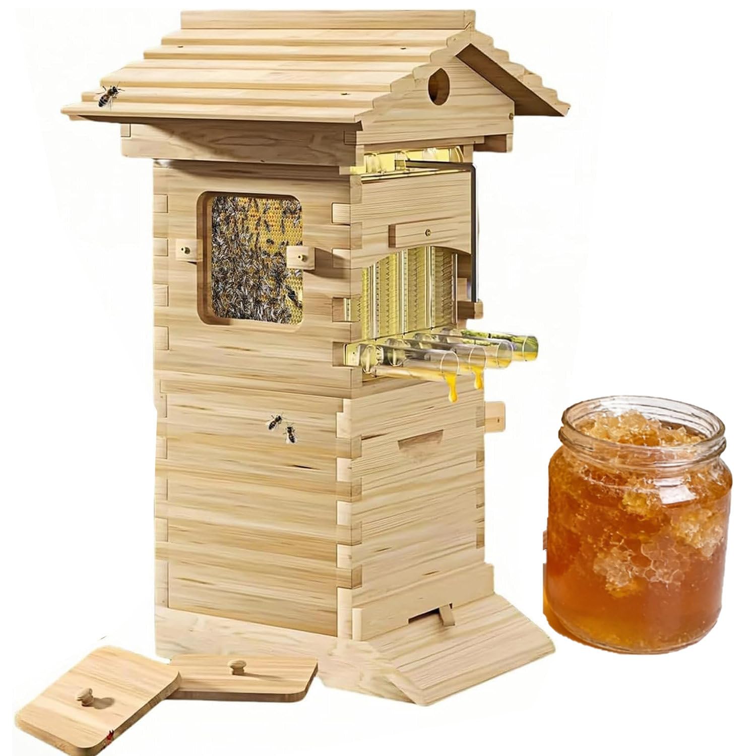 CelyToe Complete Beehive Starter Kit, Natural Wooden Bee Hive Boxes with Self-Flowing Frames, Wax-Dipped for Moisture Protection, for Backyard Beekeeping & Garden Pollination