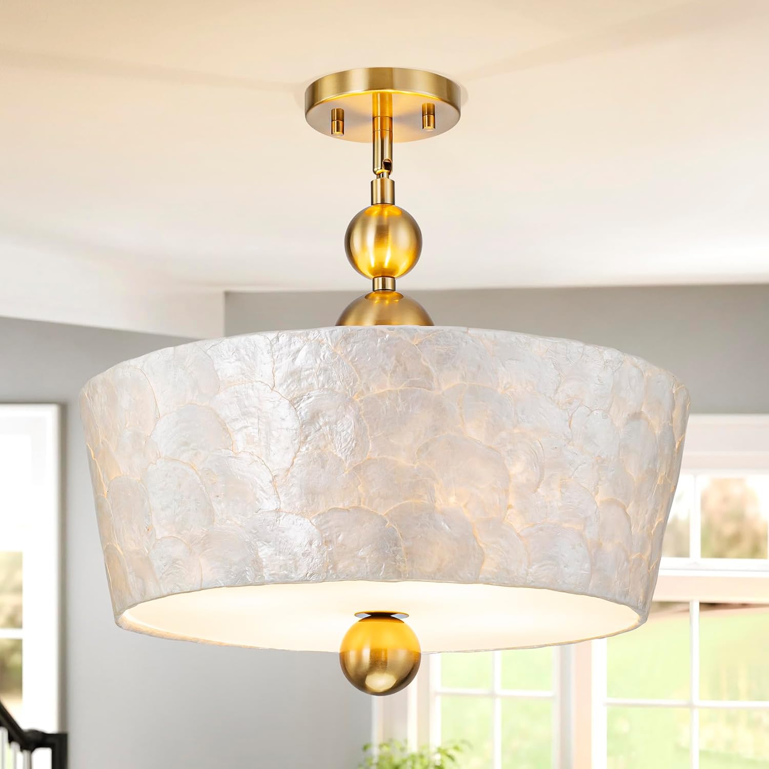 4-Light Conical Capiz Shell Chandelier, Coastal Style Pendant Light Fixture for Dining Room, Living Room, D18*H19~55 inch (Adjustable Height), Real Shell Lampshade & Brass Finish