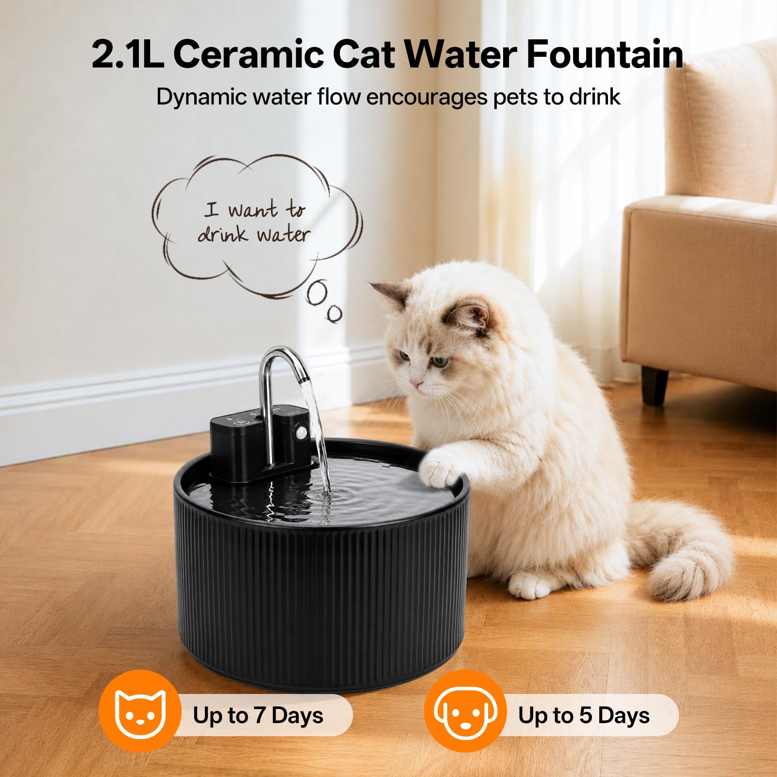 Fontana per gatti senza fili in ceramica, 2,2 l, silenziosa, sensore di movimento, dispenser automatico di acqua per gatti e cani, con sistema di filtraggio, batteria da 42000 mAh (nero)