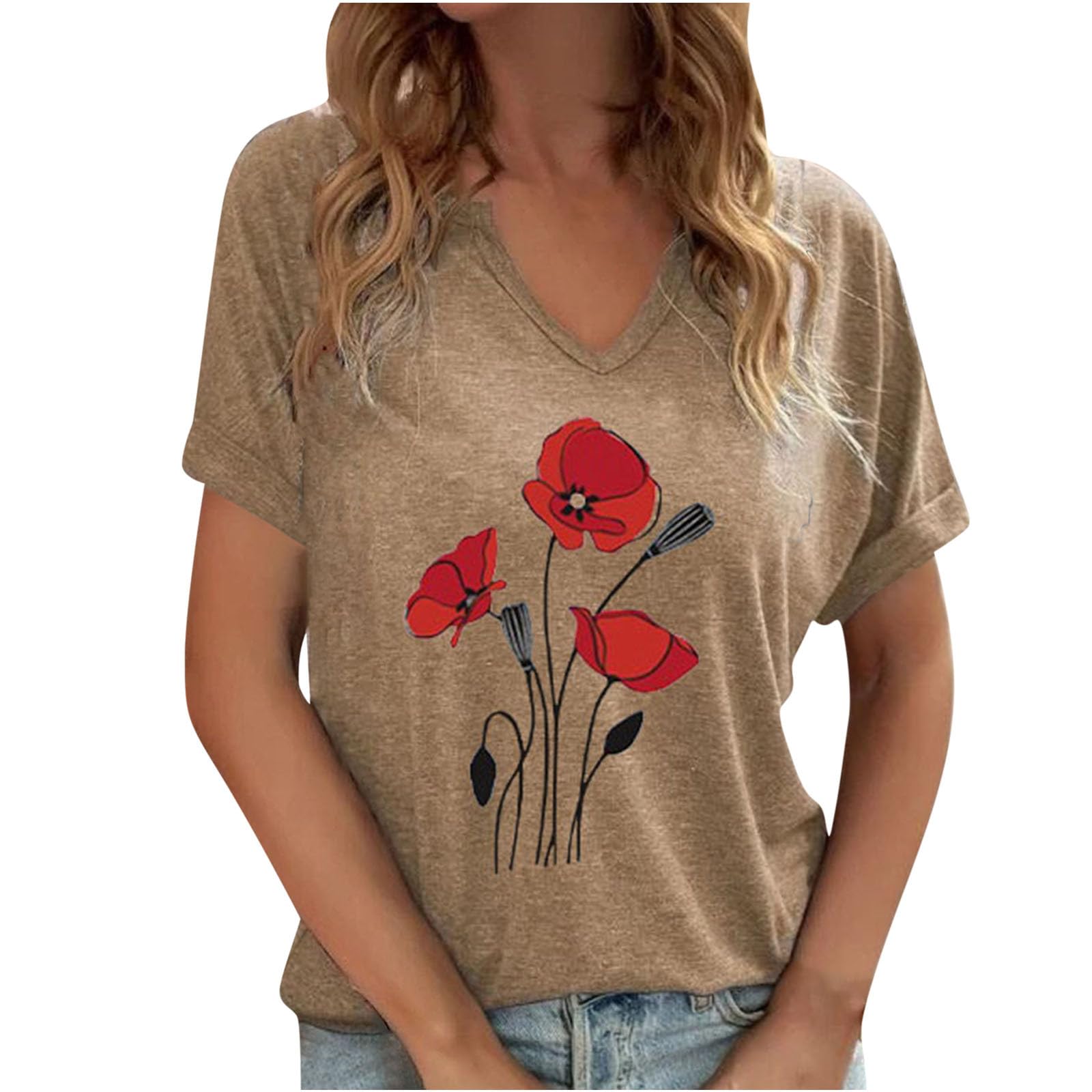 Generic Jersey para mujer con estampado de flores, informal, cuello de pico, blusa, holgada, manga corta, camiseta de verano, parte superior delgada, básica, camiseta de algodón, cómoda camiseta deportiva,