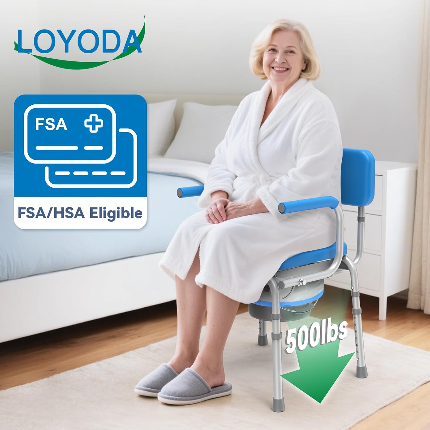 Drop Arm Bedside Commode with Linners, Commode with Padded Seat and Backrest, 500lbs Capacity, 5.81QT Removable Bucket, Adjustable Height Portable Toilet for Adults, Blue - Image 2