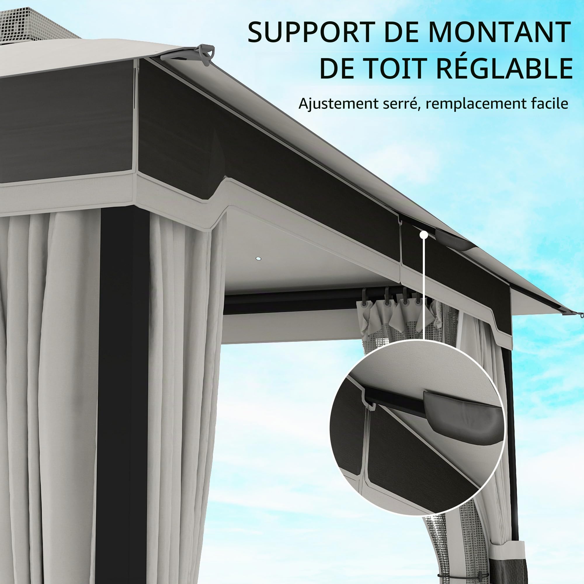 Outsunny Tonnelle de jardin 3x3,6 m, Pavillon de jardin Gazebo avec double toit, 4 parois latérales et moustiquaire, structure métallique, drainage, tente pour extérieur, terrasse, patio, gris clair