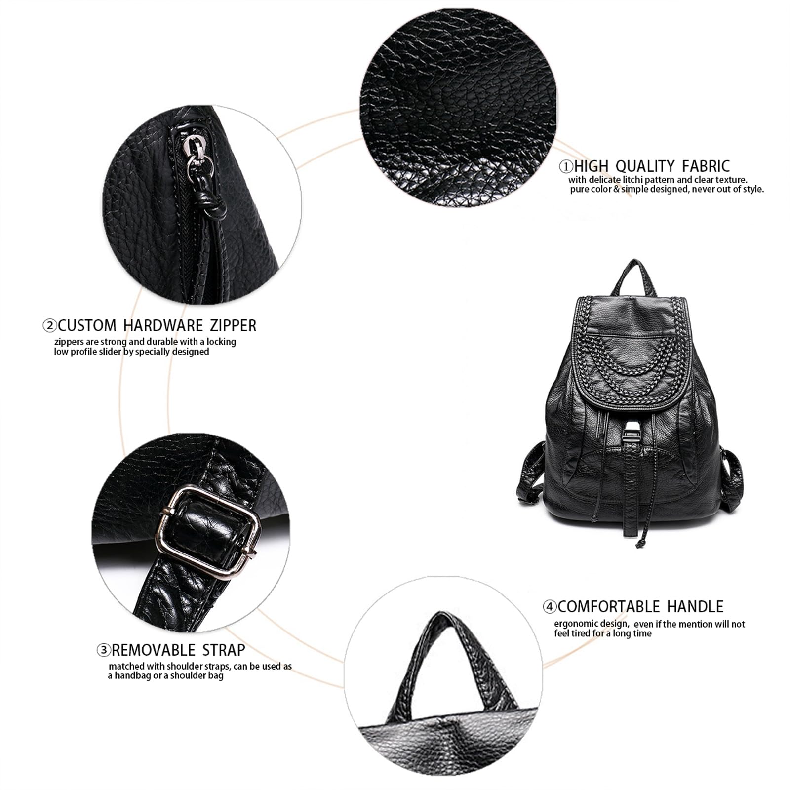 BUKESIYI Femme Sac a dos Sac a main Élégante Bandoulière Antivol PU Cuir Feminin Ville Original Marque FR78610 Noir