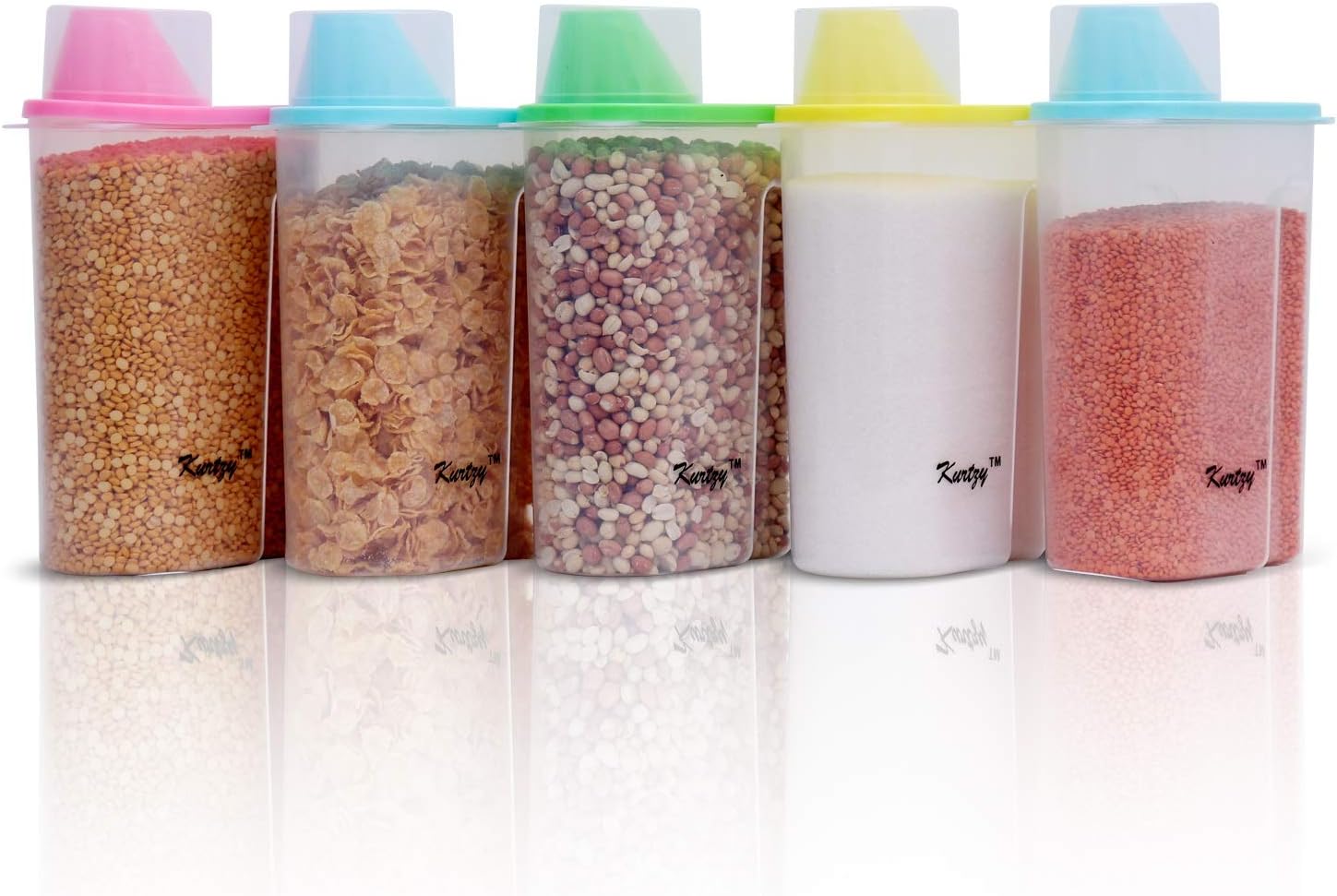Kurtzy Cereal Dispenser Jars - (Pack of 5) Air-Tight Lid Multipurpose Storage Containers Set with Measuring Cups for Rice,Pulses,Grains Pet Foods - Home & Kitchen, Pets (2.5 litres Each)