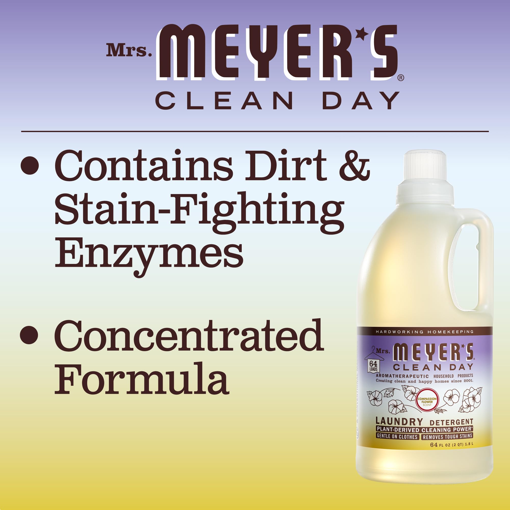 MRS. MEYER'S CLEAN DAY Liquid Laundry Detergent, Infused with Essential Oils, Compassion Flower, 64 oz - Pack of 2 (128 Loads)