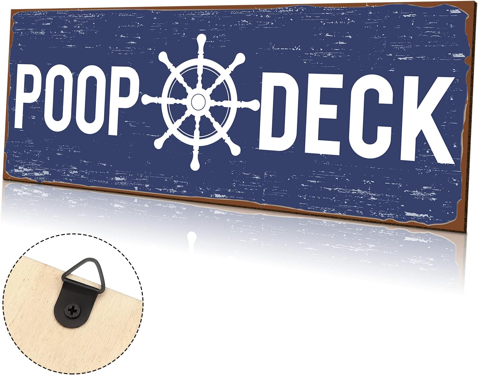 Jetec POOP DECK Sign Nautical Nursery Wall Decor Rustic Beach Bathroom Wood Sign Nautical Boat Decor Ocean Coastal Theme Decorations for Home Hanging for Ocean Bathroom 15.7 x 5.9 Inch(Blue)