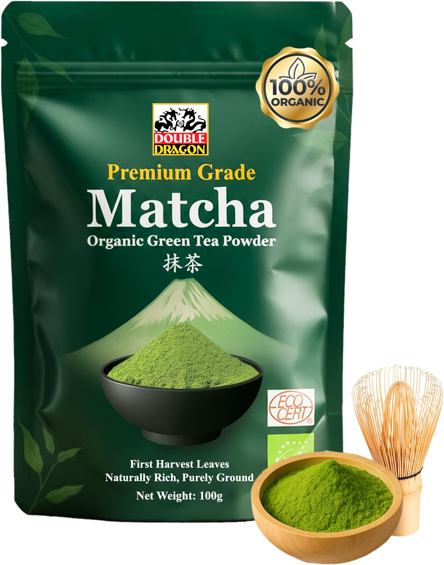 Double Dragon Organic Matcha Green Tea Powder 100g - Premium Ceremonial Grade Japanese Stone-Ground Matcha Powder | Antioxidant Rich Matcha Tea for Lattes, Smoothies & Baking | Vegan and Gluten-Free