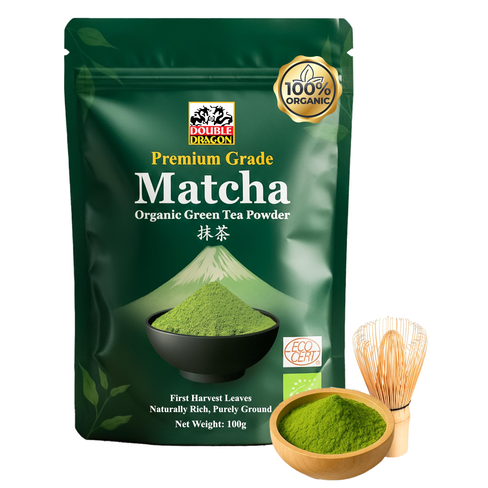 Double Dragon Organic Matcha Green Tea Powder 100g - Premium Ceremonial Grade Japanese Stone-Ground Matcha Powder | Antioxidant Rich Matcha Tea for Lattes, Smoothies & Baking | Vegan and Gluten-Free