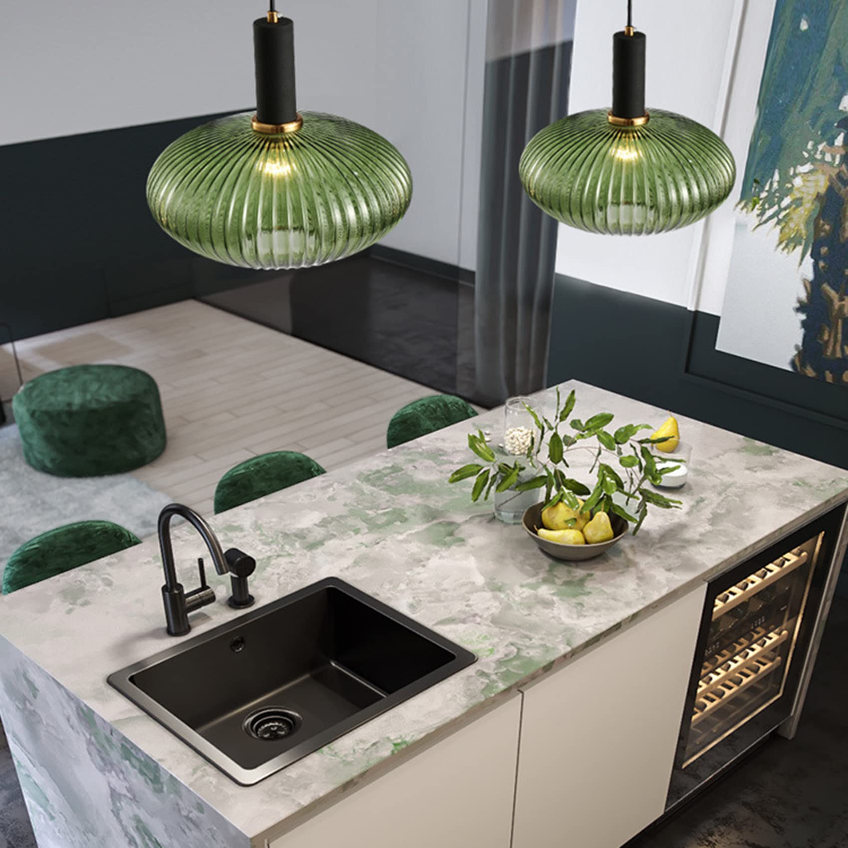 EKSED Lámpara Colgante Moderna de Vidrio Estriado con Casquillo E27, Lámpara de Techo para Isla de Cocina, Comedor y Dormitorio (Verde, 30cm)