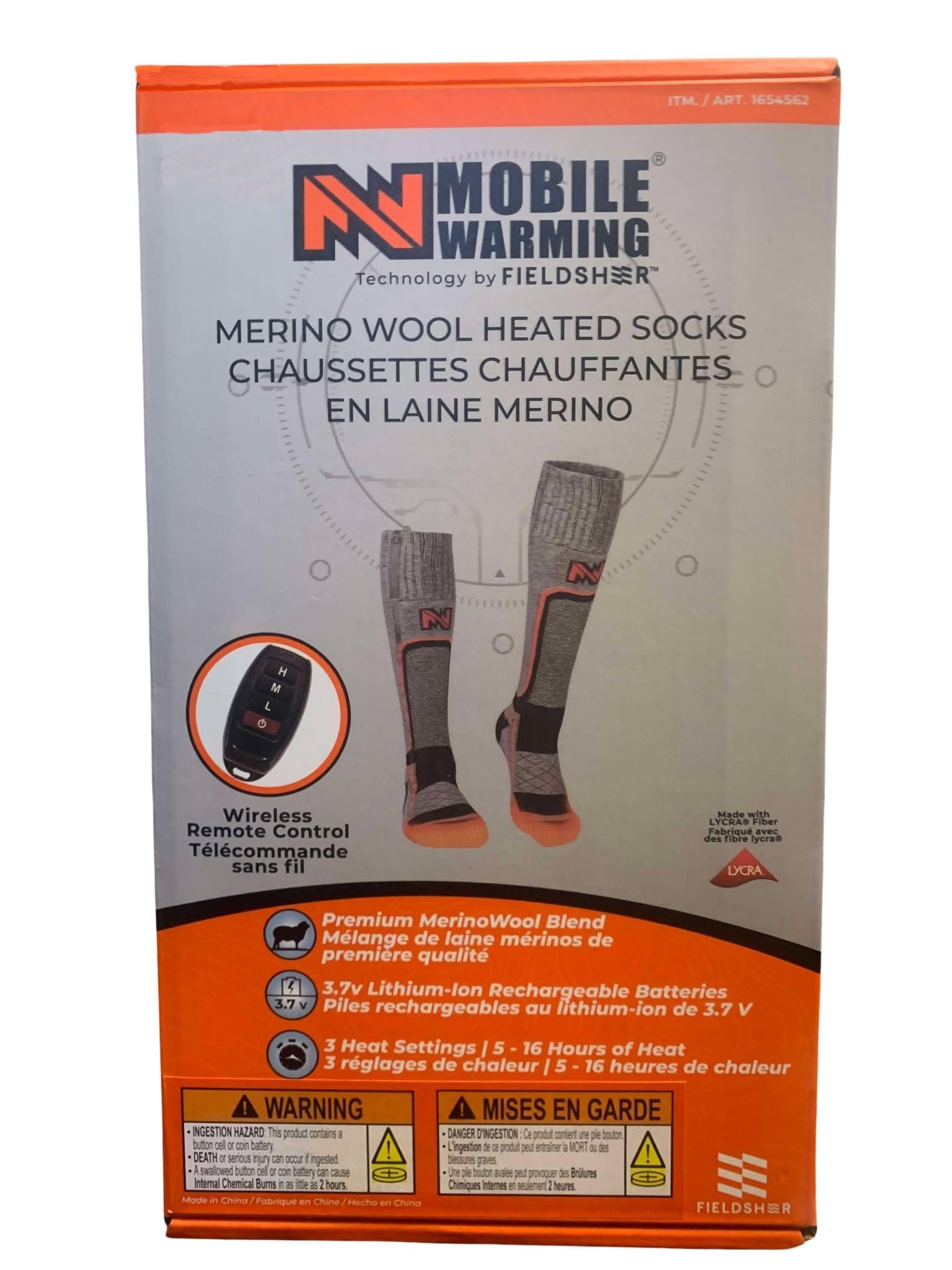 Mobile Warming Merino Wool Heated Socks Large with Wireless Remote Unisex