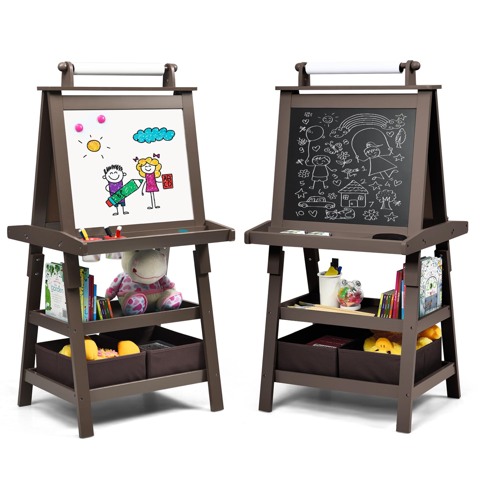 DREAMADE doppelseitige Kinder Staffelei aus Holz, Kinderstaffelei mit Ablage, Kindertafel mit Papierrolle Whiteboard und Kreidetafel, inkl. 2 Stoffboxen (Kaffee)