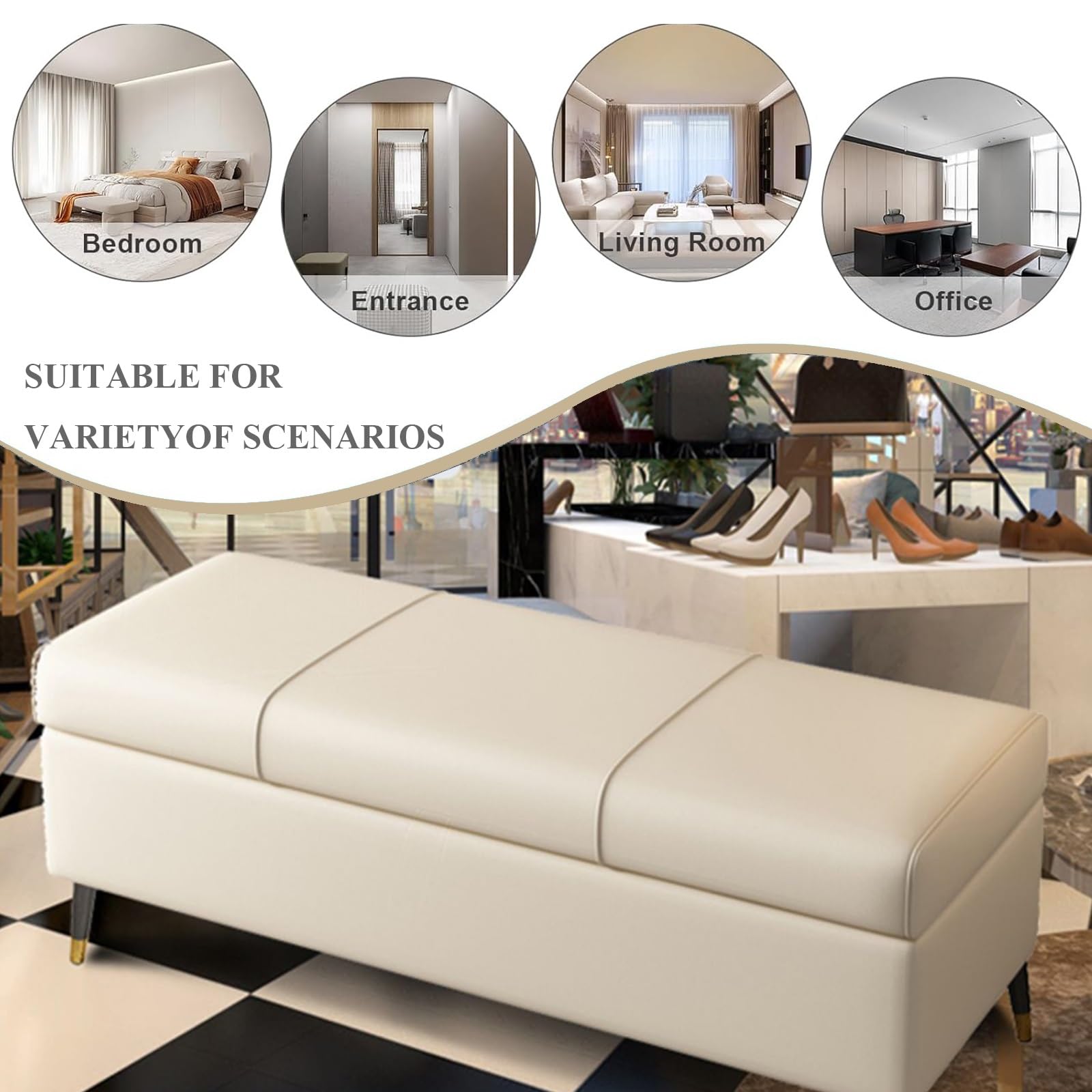 LUUYYI Otomana extra larga de piel sintética blanca con almacenamiento, elegante mueble rectangular de piel sintética para sala de estar y dormitorio, ideal para pies de cama S (azul-140 cm)