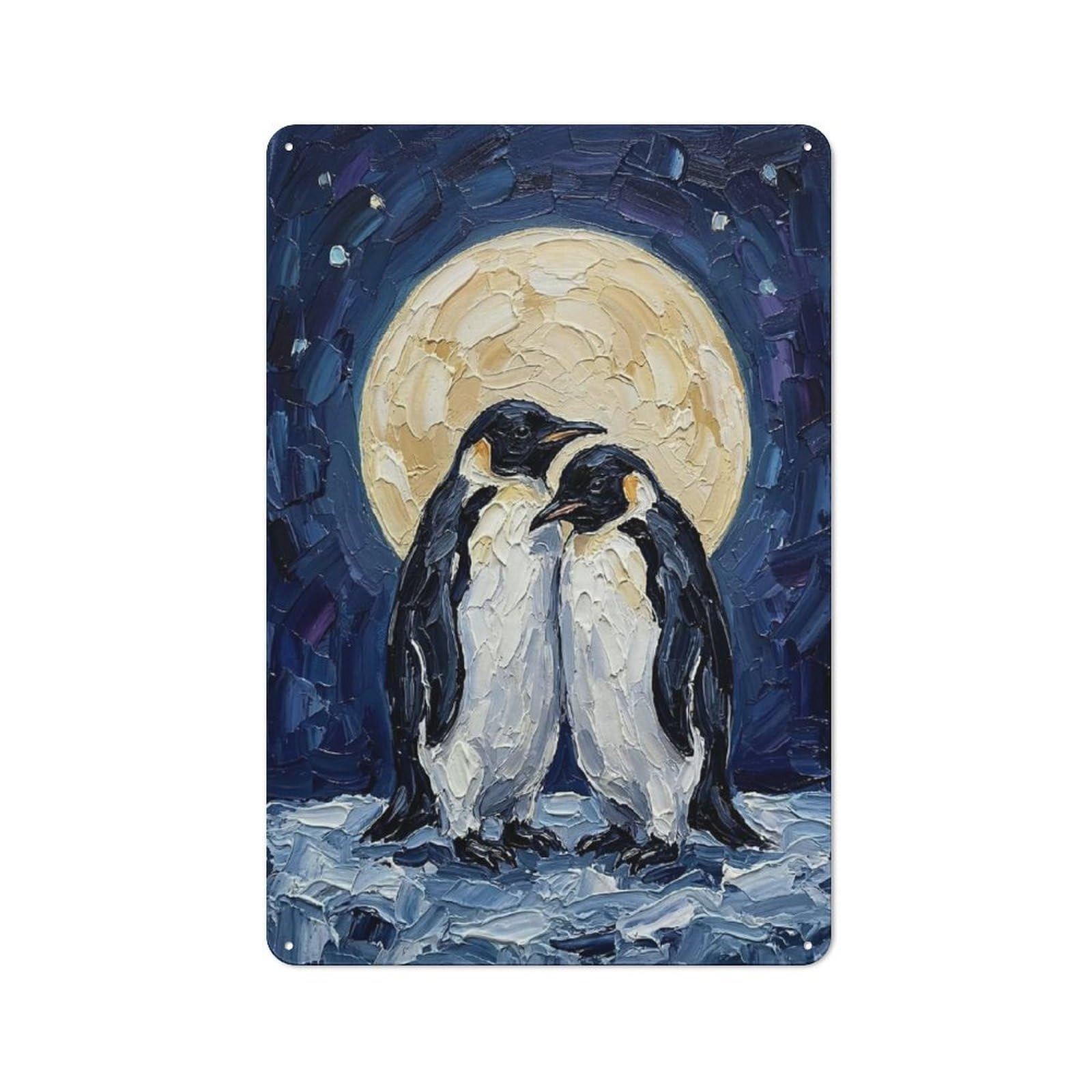 Junmoney Style-5 Penguins Under The Full Moon Rustic Metal Sign 30X20cm For Café Or Home Bar, Suited To Home Bar Enthusiasts, For Retro Home Interiors