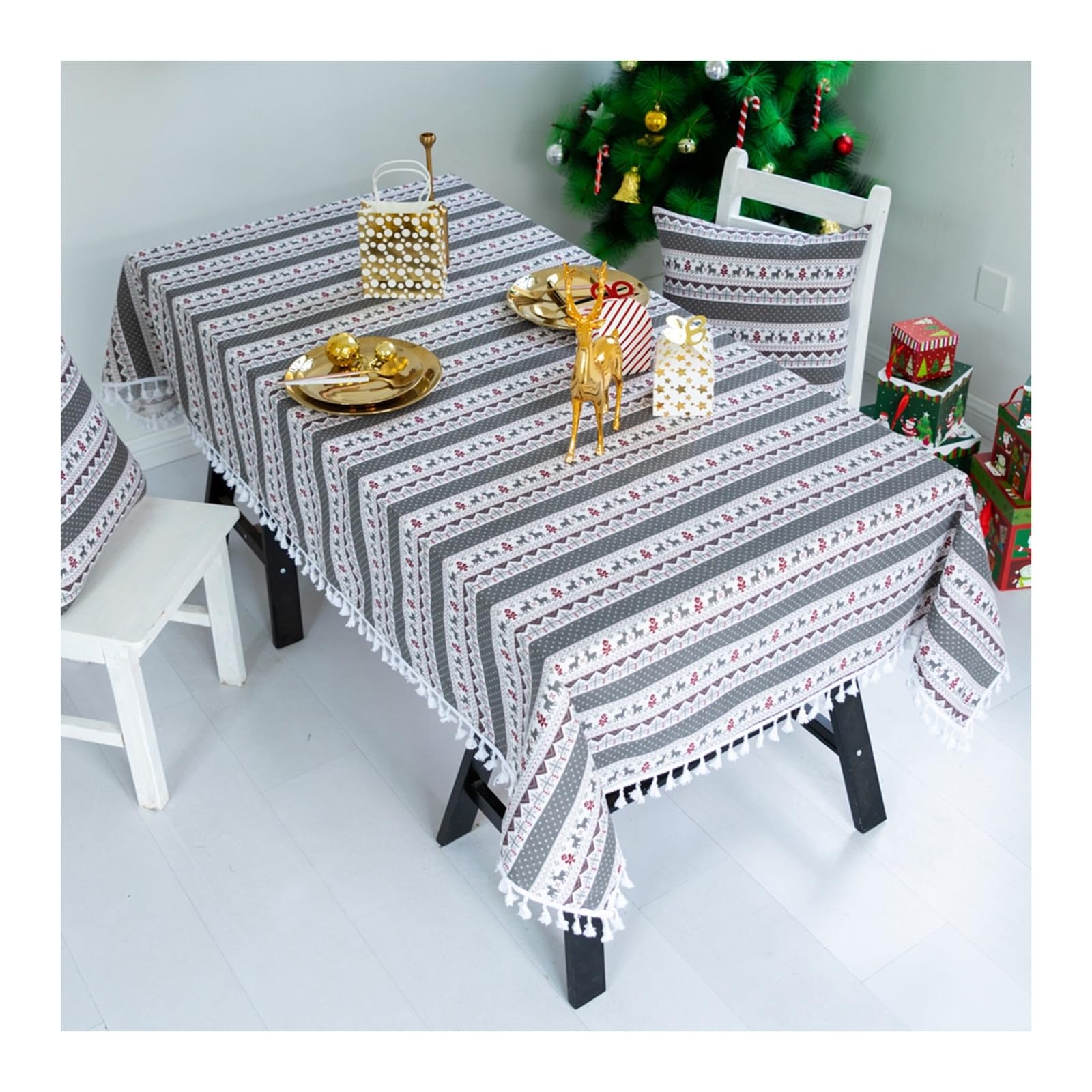 Nappe anti-taches de Noël KnSam en lin rayé gris 135x220 cm