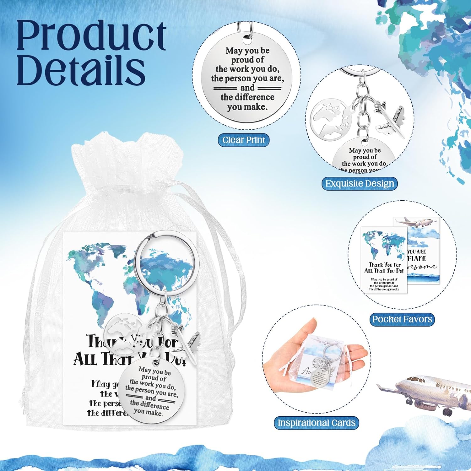 Tondiamo 36 Set Flight Attendant Gifts Bulk Airplane Keychain with Thank You Cards Organza Bags for Travel Adventure Party Favor Holiday Gift