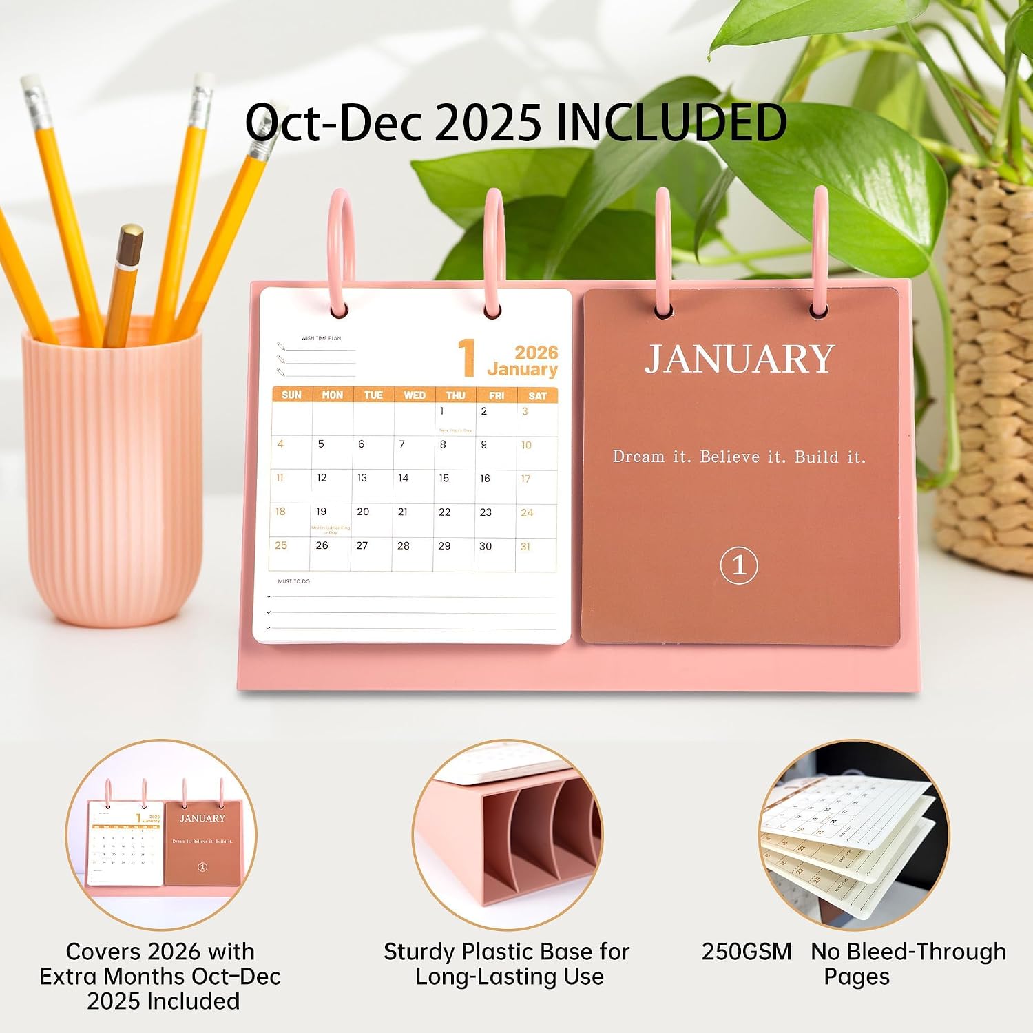 Small Desk Calendar 2025-2026, Dec 2025 to Dec 2026, Monthly Decorative Flip Calendar for Desk with Motivational Quotes, Cute Desk Decor, Office Supplies, 10" x 6", Pink