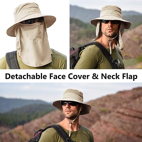 Miniatura 51 de Sombrero de pesca solar UPF 50+ para hombres y mujeres, sombrero de ala ancha con cubierta facial desmontable y solapa para el cuello