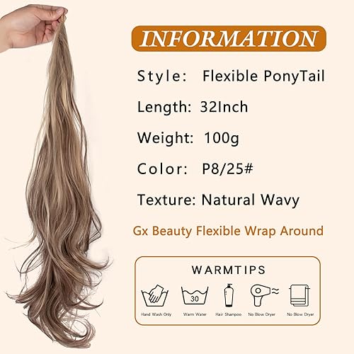 Miniatura 2 de Gx Beauty Cola de caballo de 32 pulgadas, extensión de cola de caballo flexible envolvente, extensiones de cabello sintético rizado para uso diario
