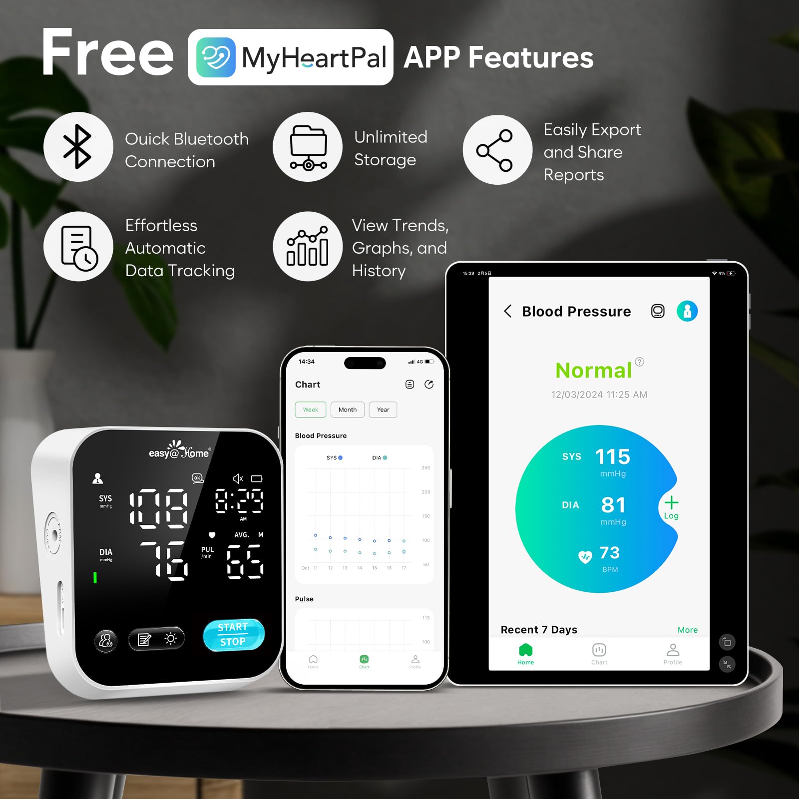 Blood Pressure Monitor for Home Use – Easy@Home Smart BP Machine with Free MyHeartPal App, Automatic Blood Pressure XL Cuff, LED Screen & Voice Function, Supports Apple & Android Devices | EBP-703T
