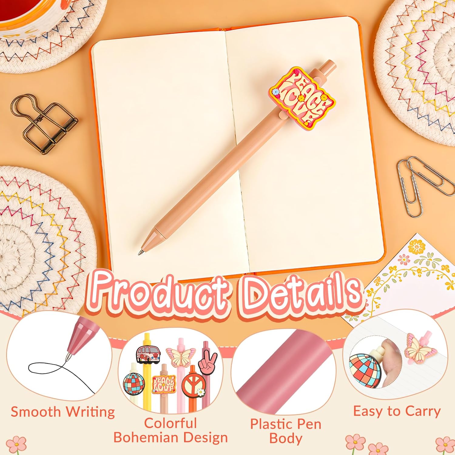 Bohemian Hippie Ballpoint Pens 12pcs Retro Boho Flower Ballpoint Pens Stationery Boho Party Favors Pen Groovy Back to School Supplies for Women Men Birthday Gift School Office Decoration 5mm Black Ink image 3