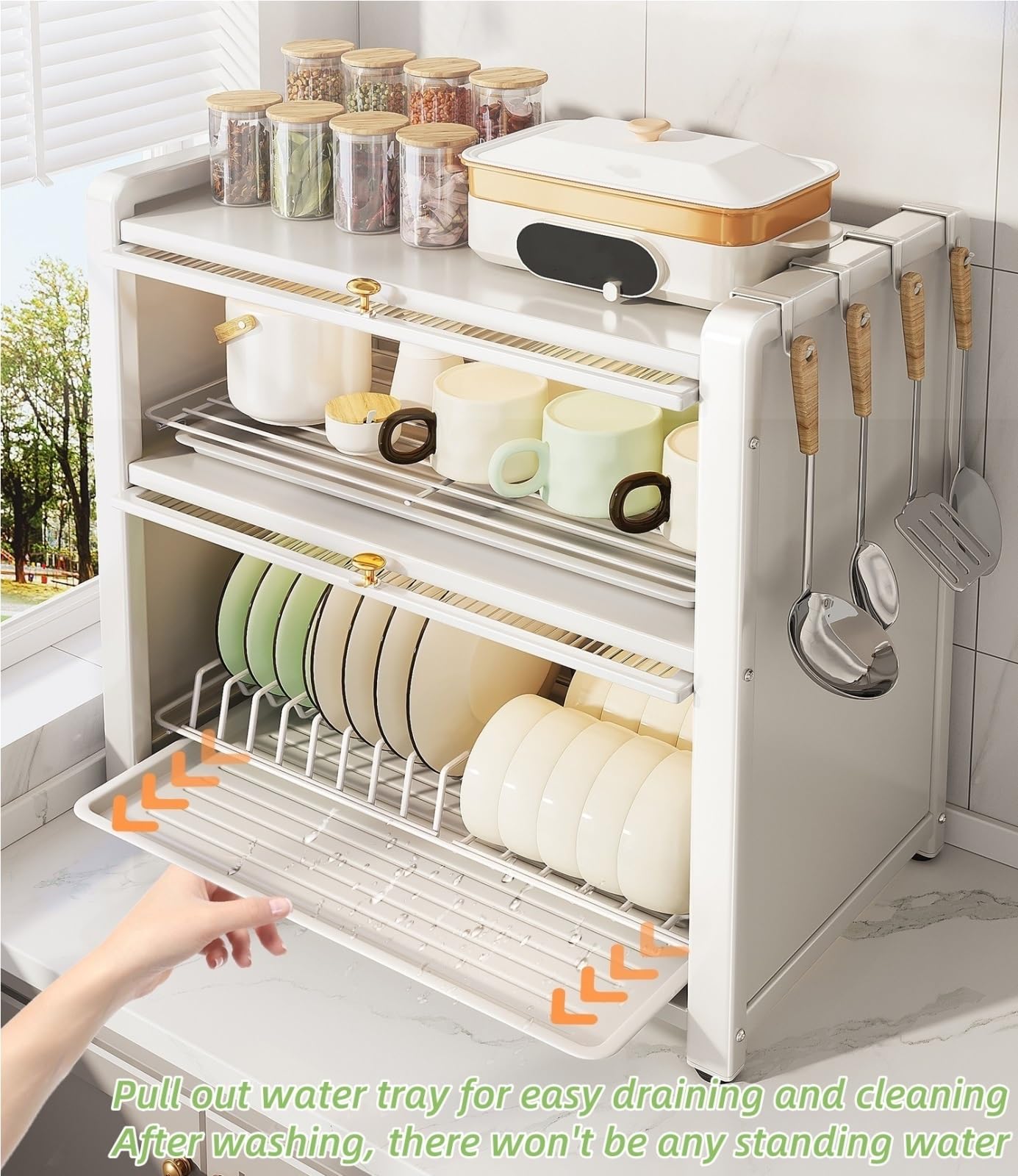 3-poziomowy stojak do suszenia naczyń z drzwiami otwieranymi w kształcie litery C, oszczędzający miejsce organizer na blat kuchenny, na miski, butelki z przyprawami i spiżarnię, idealny do użytku