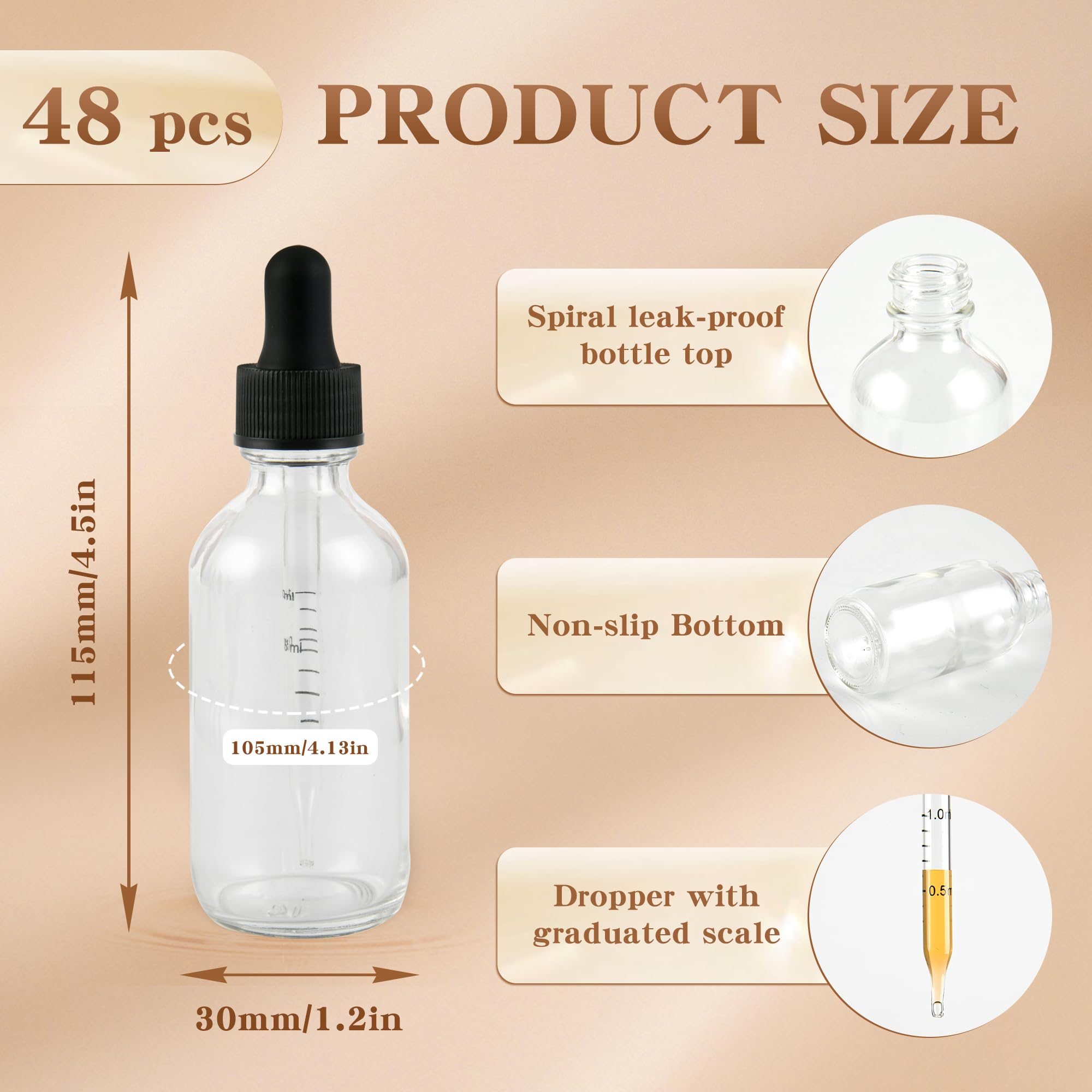 BILLIONSTARS Lot de 48 bouteilles rondes Boston en verre de 60 ml avec pipettes graduées en verre calibré – Transparent – Bouteilles de teinture pour huiles essentielles, liquides – Bouteilles de