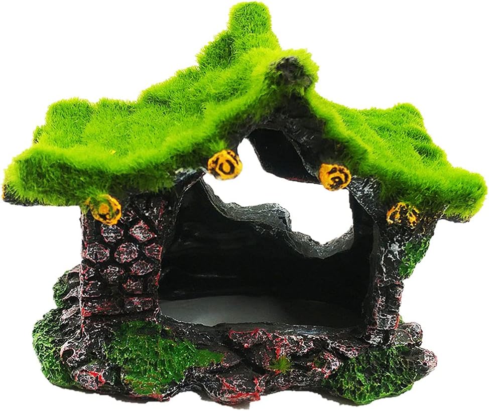 - IBWell Aquarium Decoration House Resin Hollow Hideout House, Fish Tank Accessories Cave Ornament Tank Small Fish Hideaway with Moss
