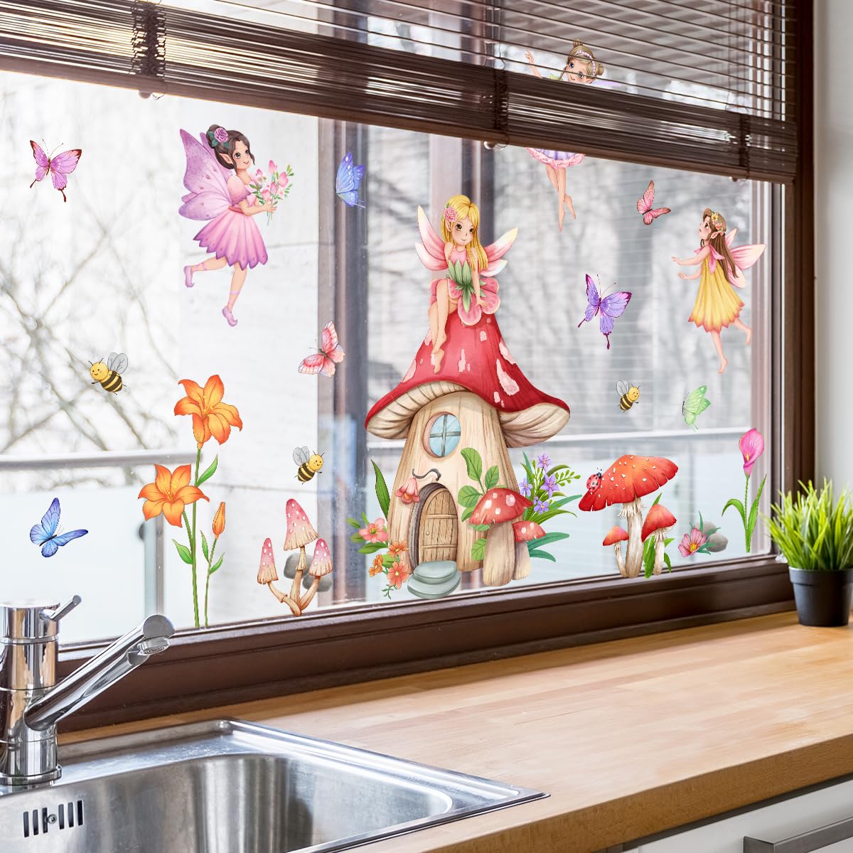 WandSticker4U®- Pegatinas ventanas niña HADAS y CASA de SETAS rosa (80x43 cm) I Vinilo adhesivo infantil ventana flores hadas elfos princesa I Decoración ventana habitación niña bebé primavera GRANDE