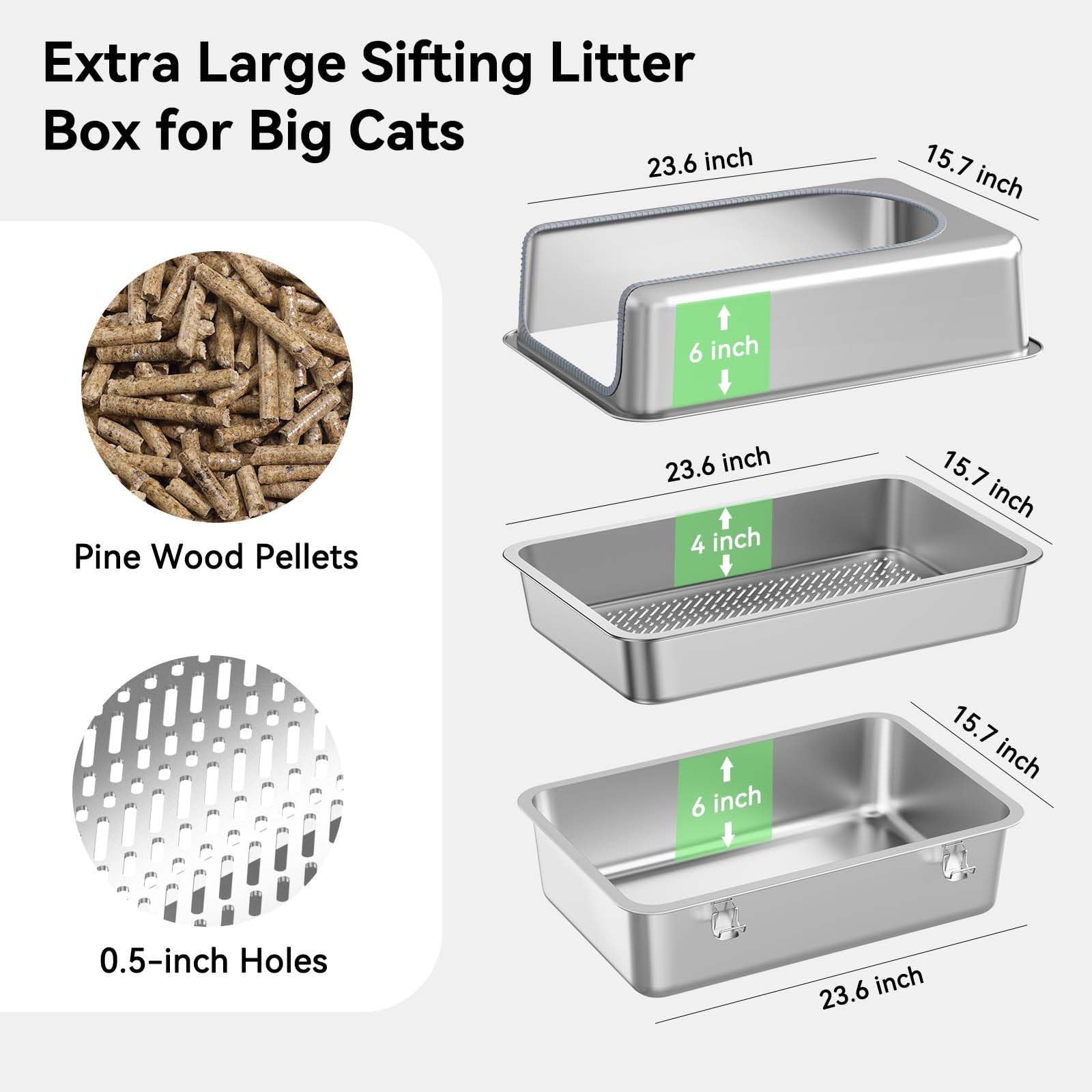 XL Stainless Steel Sifting Litter Box for Pine Pellets,Sifting Cat Litter Box with Lid,High Sides Metal Sifter Litter Pan System for Big Cats,Odor Control,Easy to Clean - image 6